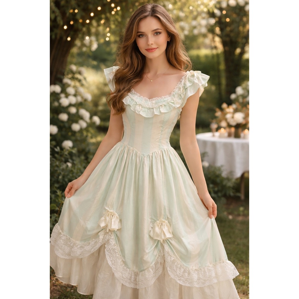Vintage 1970 Jessica McClintock Gunne Sax Mint Strip Lace Southern Belle Gown 3